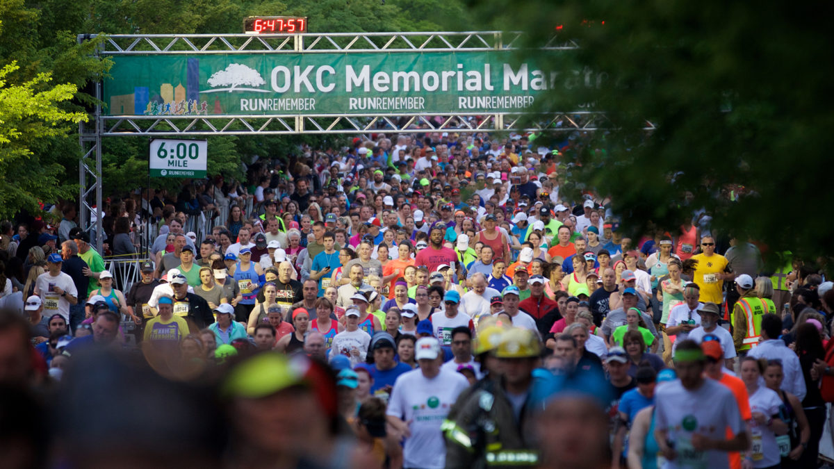 Athletes from around the world take off from the start line of the Oklahoma City Memorial Marathon.
