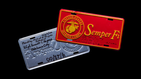 Red Marine Corps License Plate Dedicated to Sgt. Benjamin LaRanzo Davis and Capt. Randolph A. Guzman